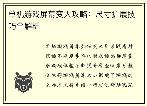 单机游戏屏幕变大攻略：尺寸扩展技巧全解析