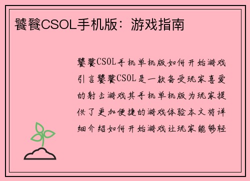 饕餮CSOL手机版：游戏指南